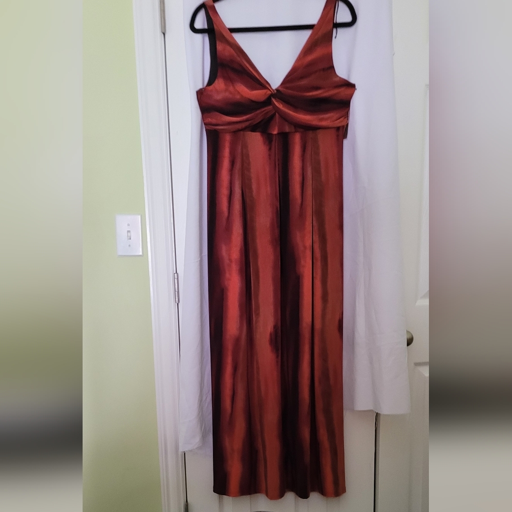 NWT  Size 14 Ronni Nicole long dress with rust and gold tones.